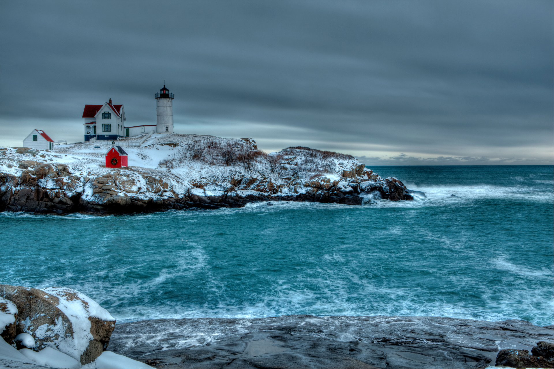 winter sea rocky stones lighthouse construction sky cloud