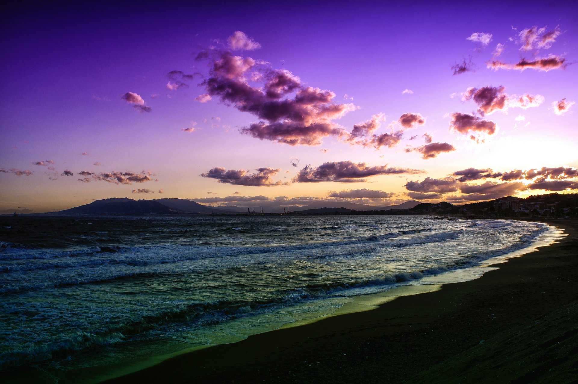 meer wellen strand wolken sonnenuntergang flieder