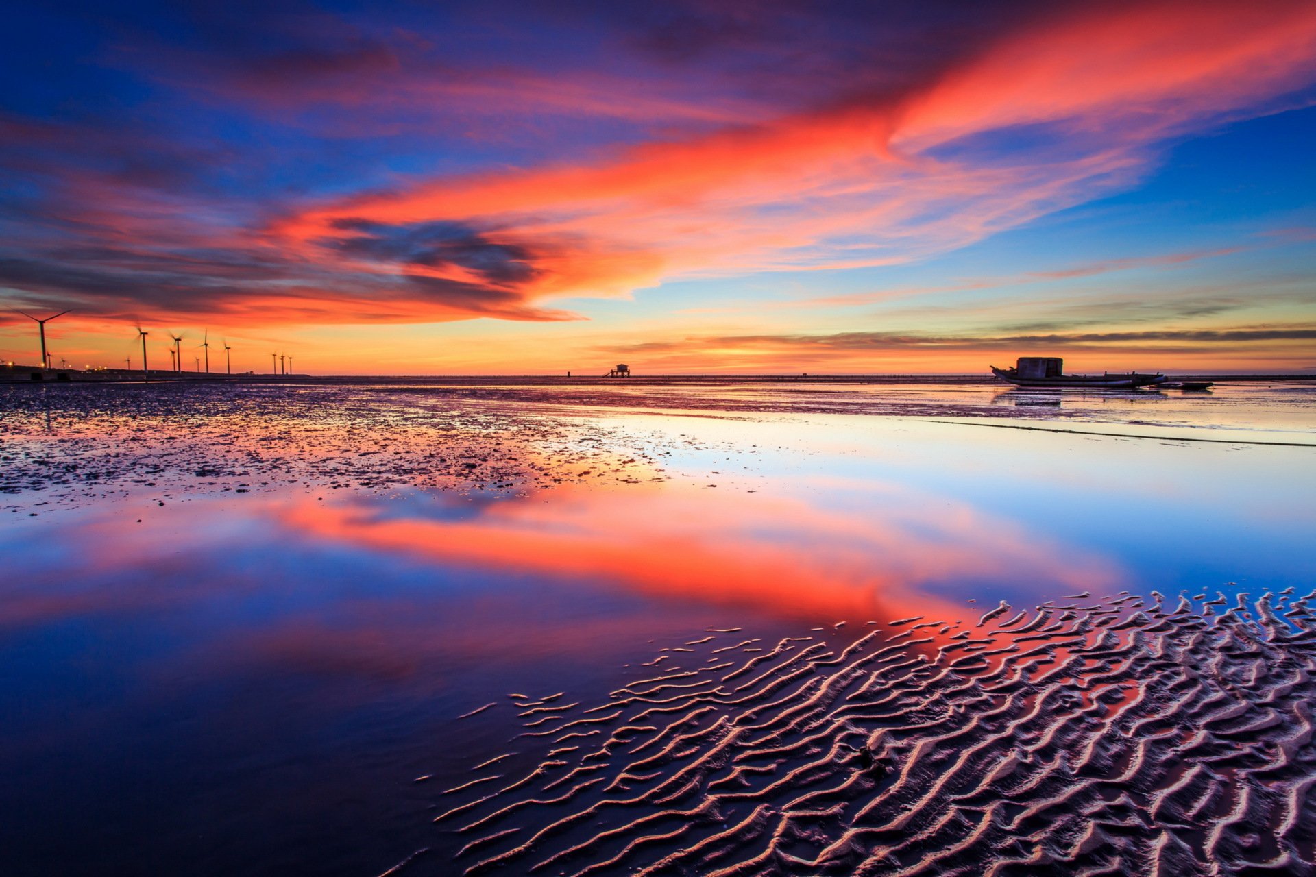 coucher de soleil mer moulins à vent paysage