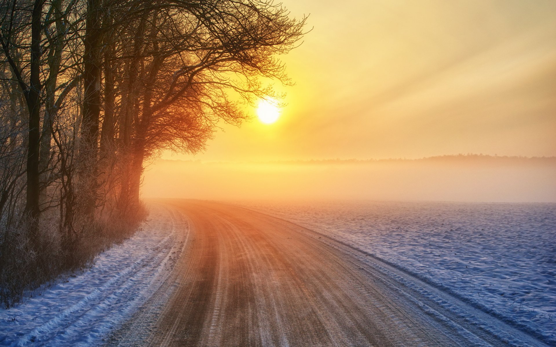 sonnenuntergang straße winter