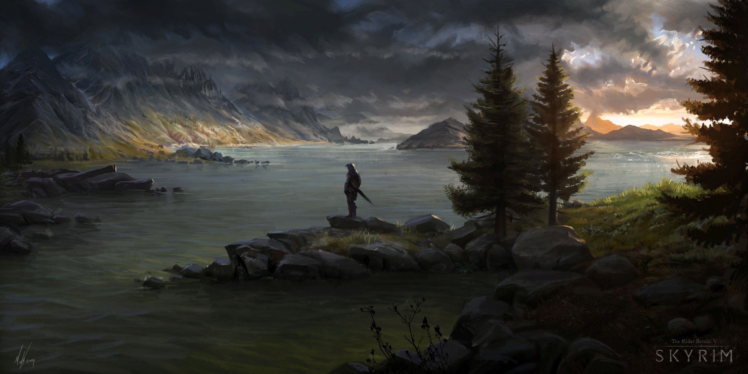 kyrim kunst gezeichnete landschaft dämmerung mann schwert schild krieger fluss berge bäume