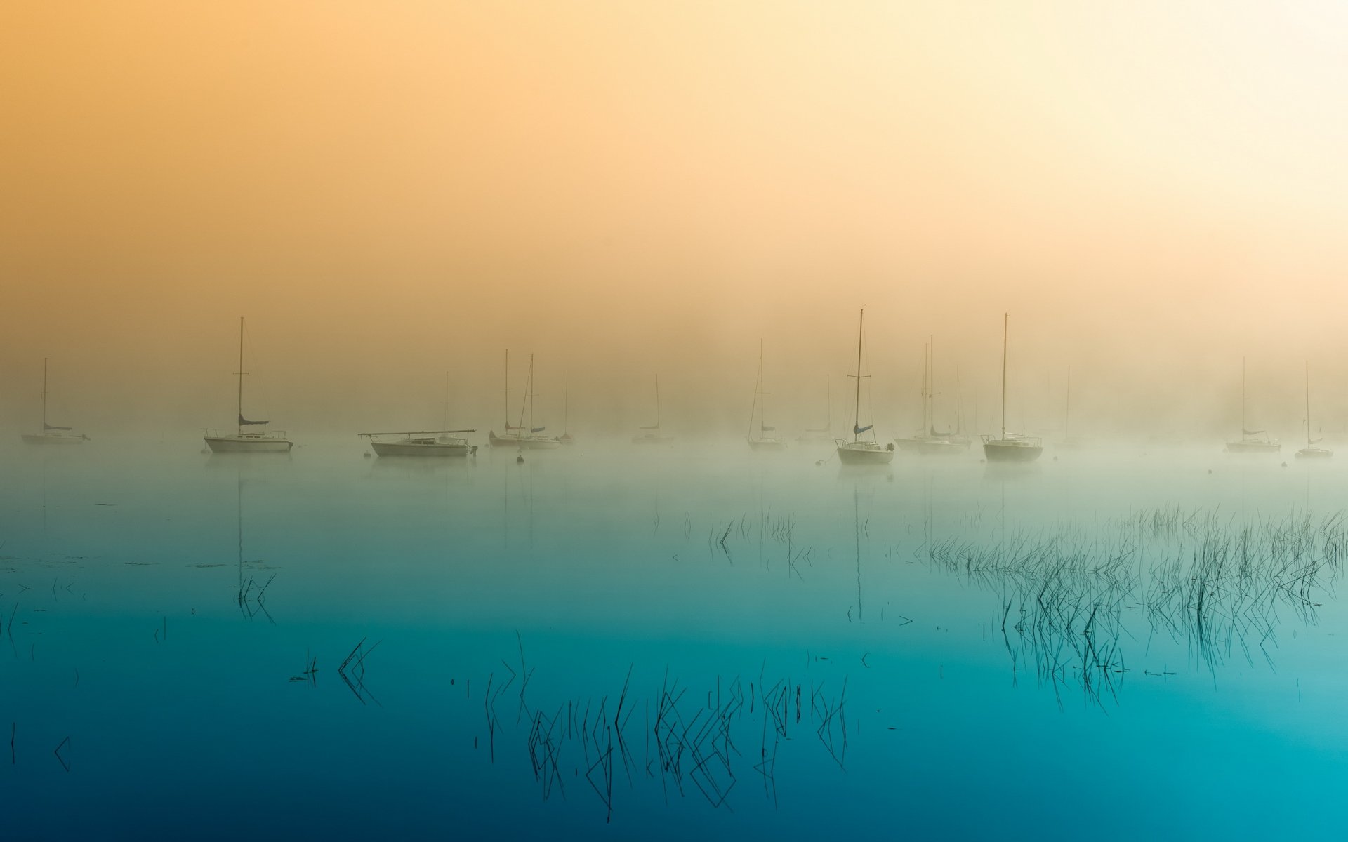 mañana lago niebla barcos paisaje