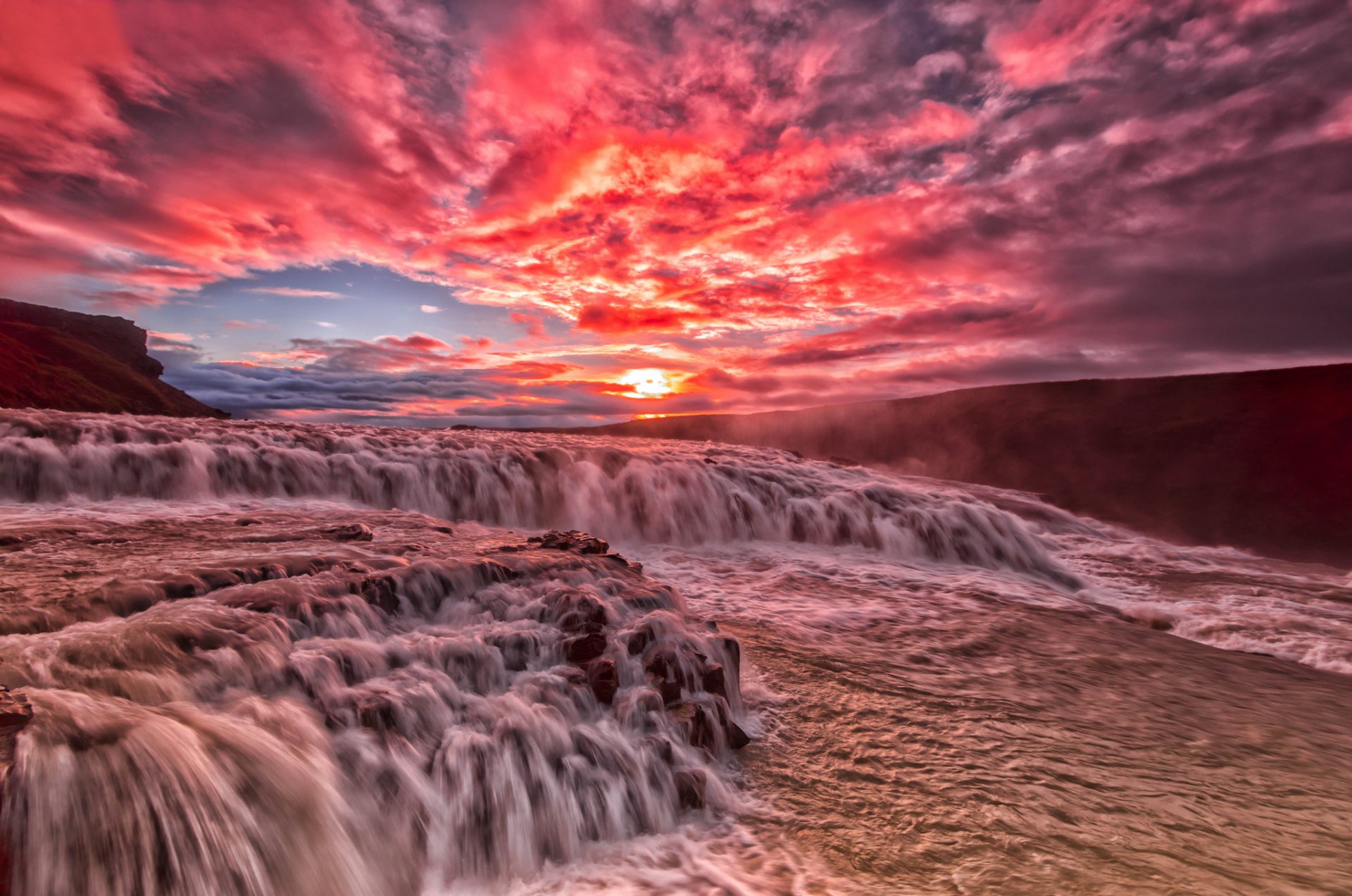 rivière rapides ruisseau coucher de soleil nuages lueur