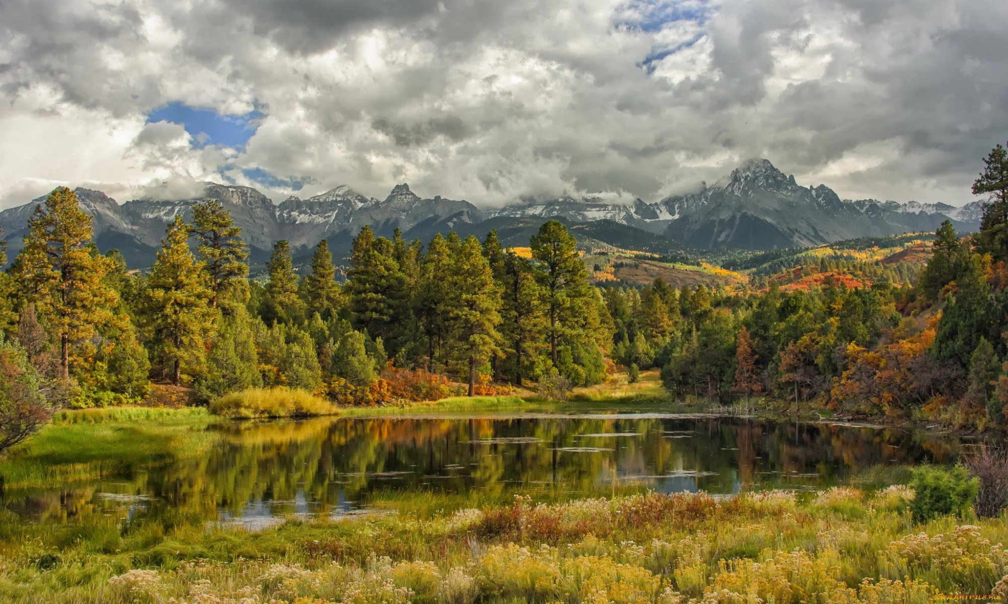 cielo nuvole lago foresta alberi autunno foglie