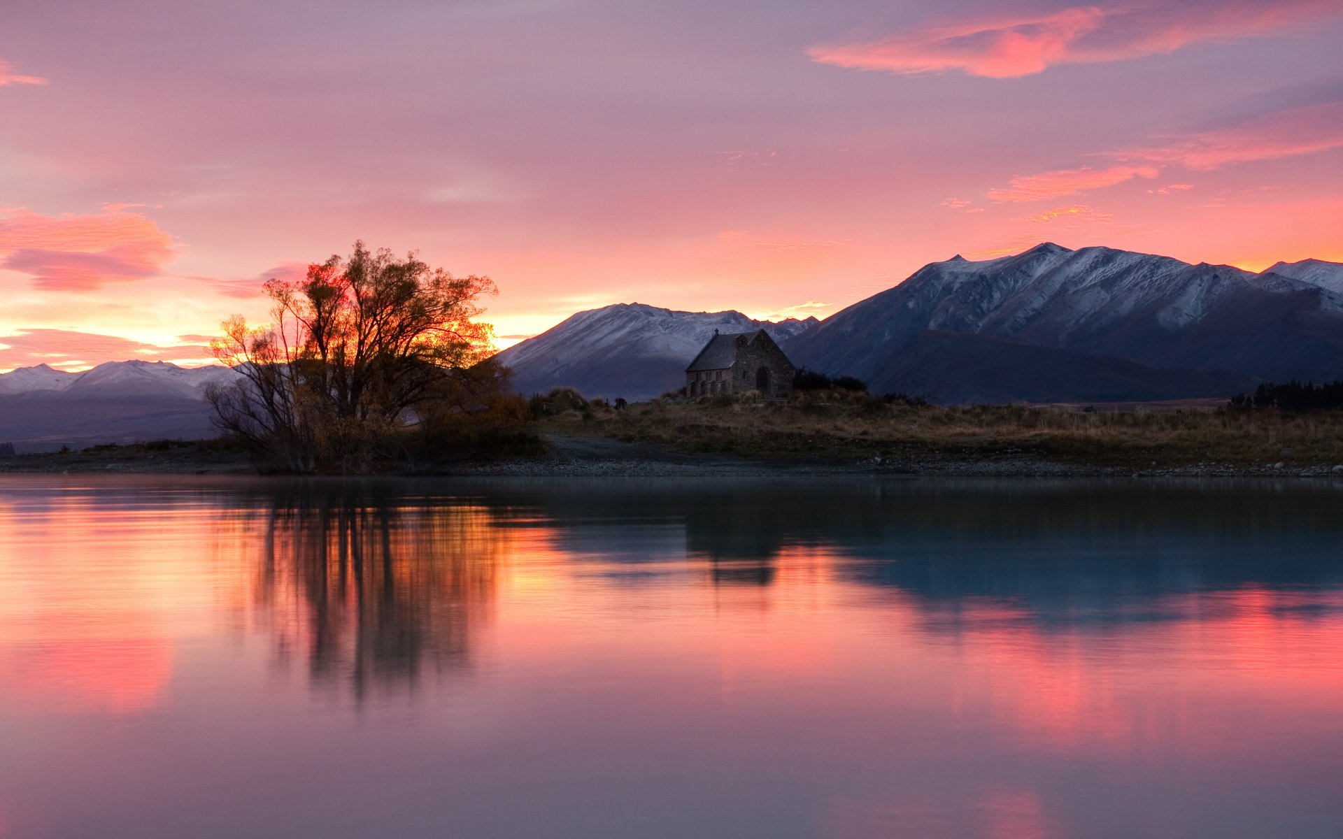 new zealand sunrise house lake landscape mountain sky