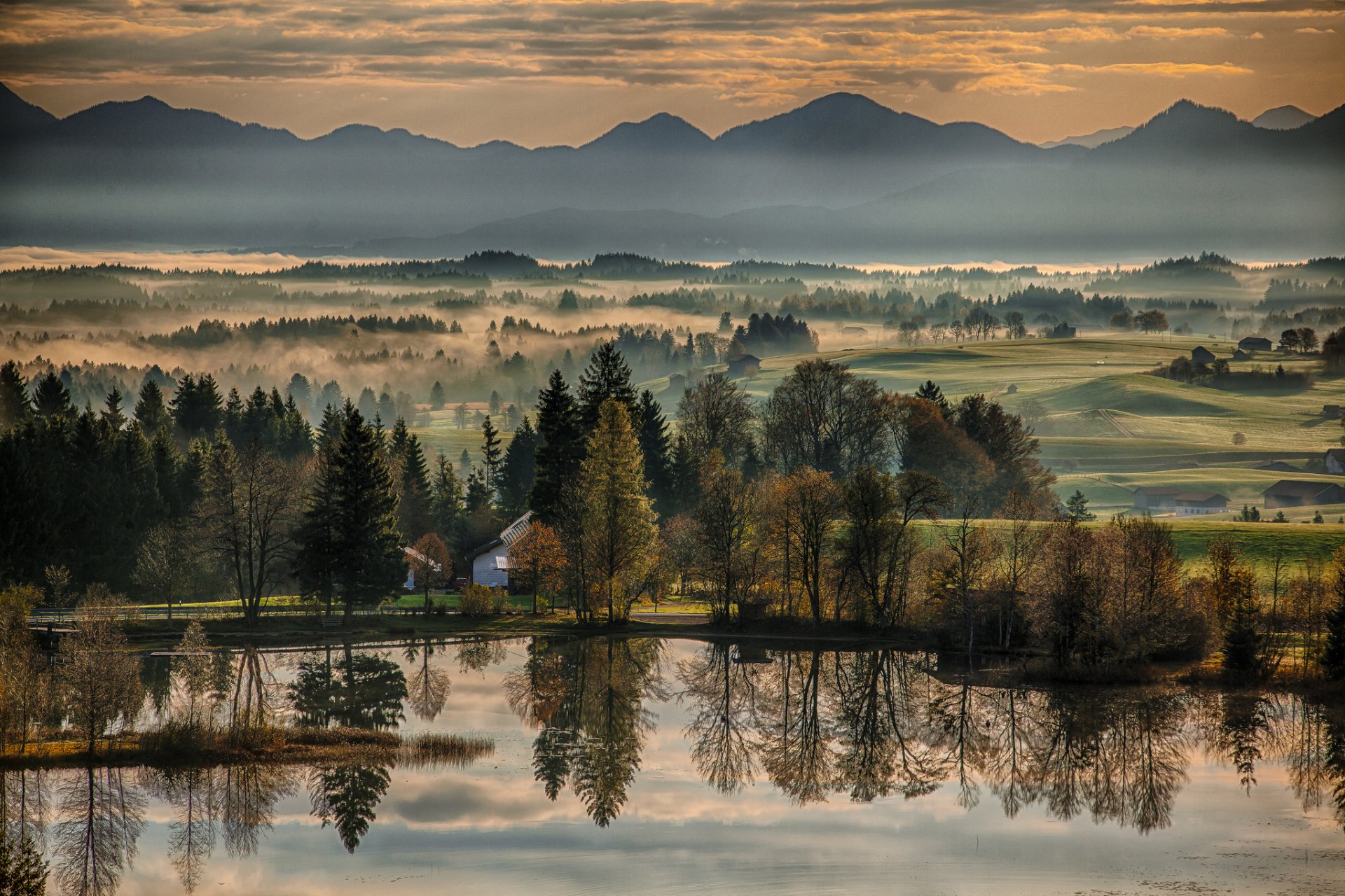 wildsteig bavaria germany autumn river morning dawn reflection trees mountain