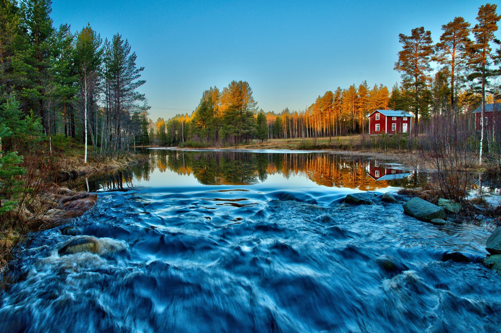 forest houses red river feed motion morning