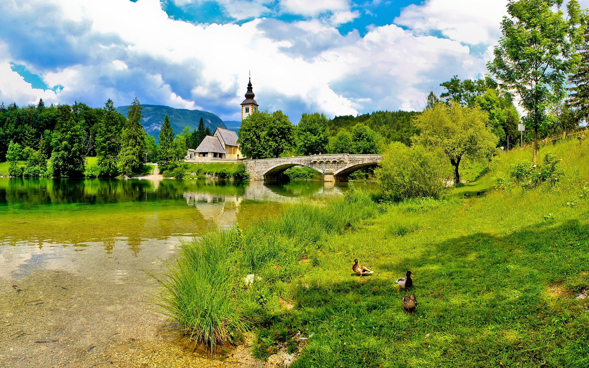 eslovenia puente iglesia hierba cielo sol verano nubes