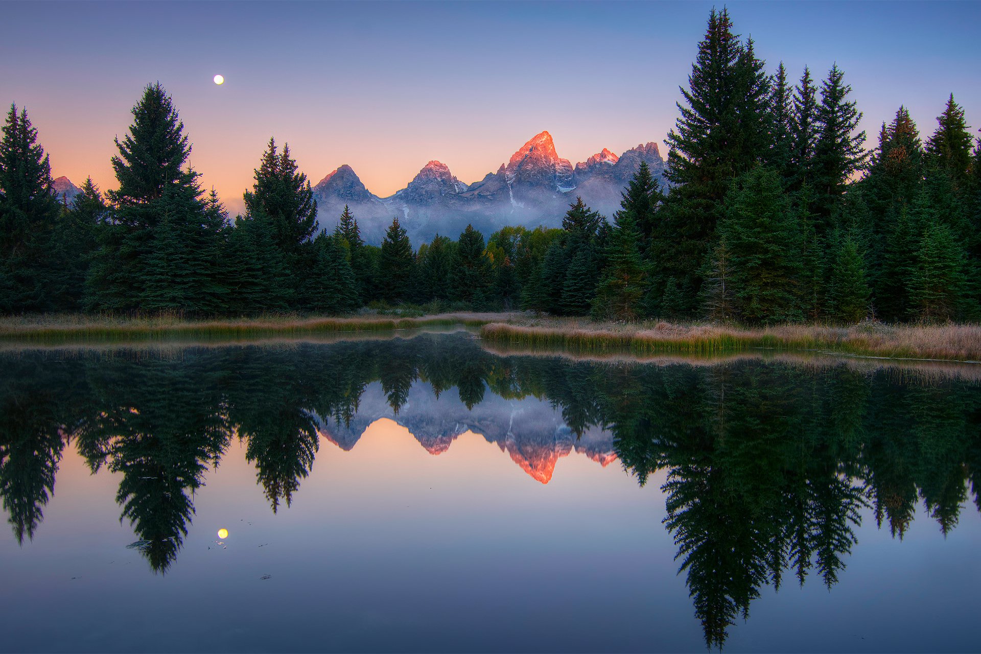 natura stati uniti d america wyoming grand teton national park snake river schwabachers piantare foresta montagne riflessioni luce picchi cielo luna mattina alba