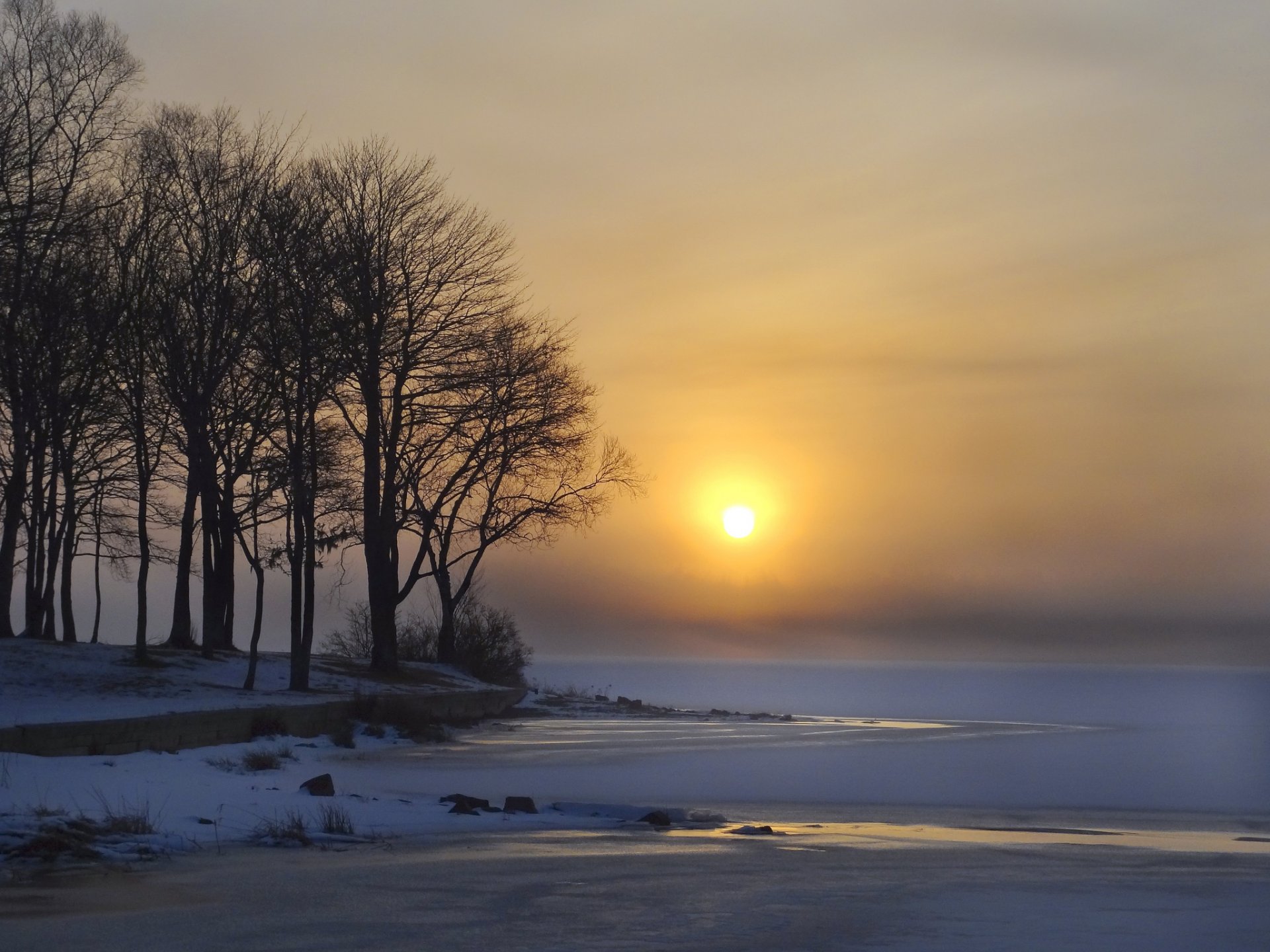 hiver lac glace neige arbres soleil aube