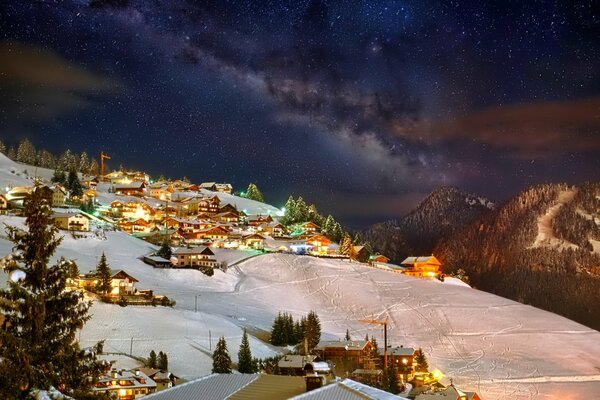 City lights of the winter resort