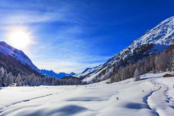 Sunset in the snowy mountains of Nice