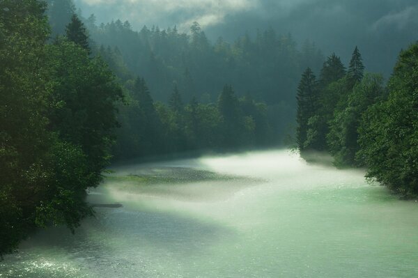 Fluss im Berchtesgadener Wald in Bayern bei regnerischem Wetter