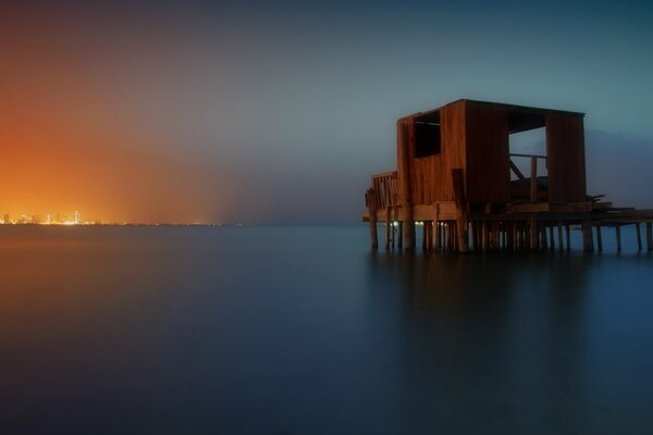 City night on the background of the sea