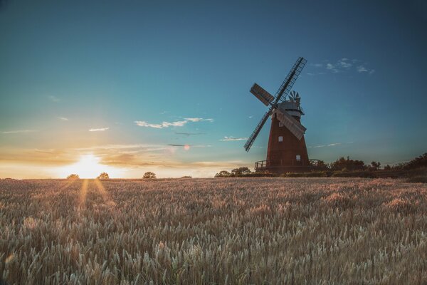 Moulin dans un champ avec un beau coucher de soleil