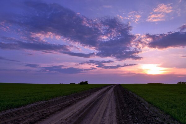 Coucher de soleil cramoisi. Route de la terre