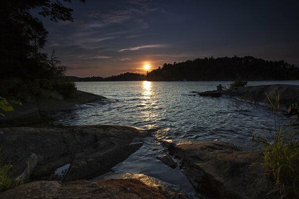 Beautiful sunset on the lake against the background of the forest