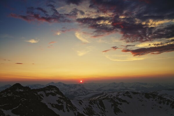 Sunset in the snowy mountains