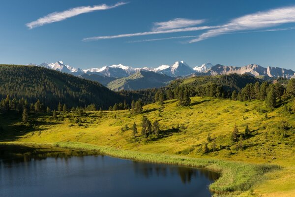 Lac et forêt sur fond de montagnes. paysage