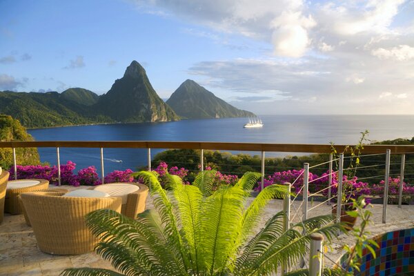 View from the terrace to the sea and mountains