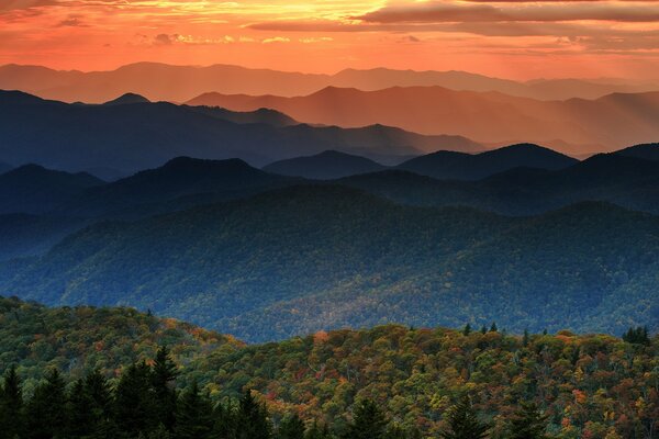 Autumn mountains in the sunset