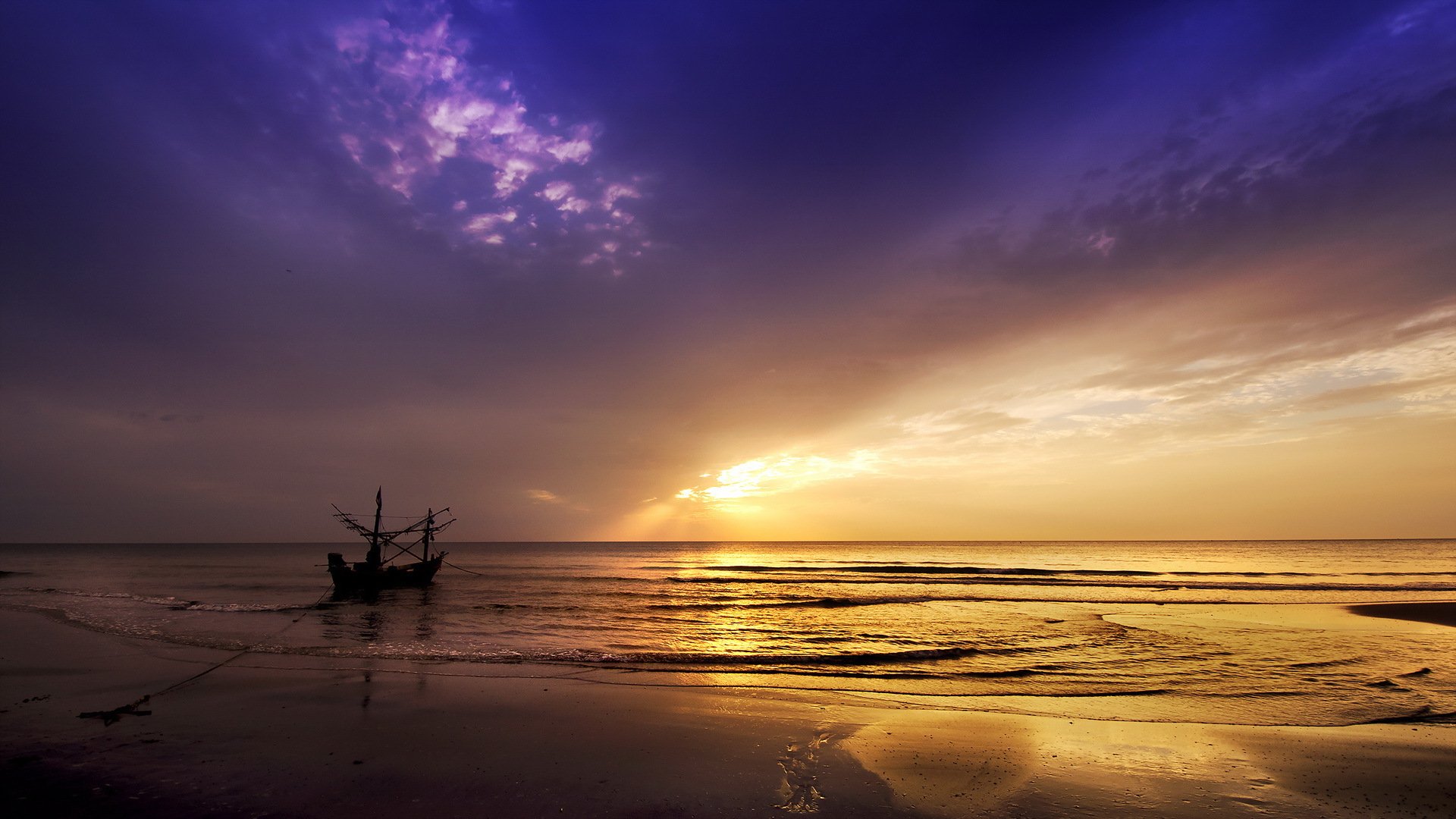 sonnenuntergang meer boot landschaft