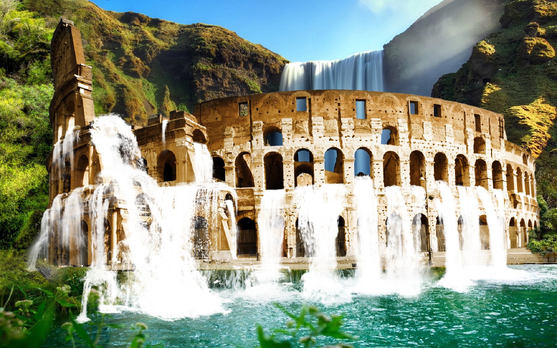 coliseum waterfall water mountain green landscape