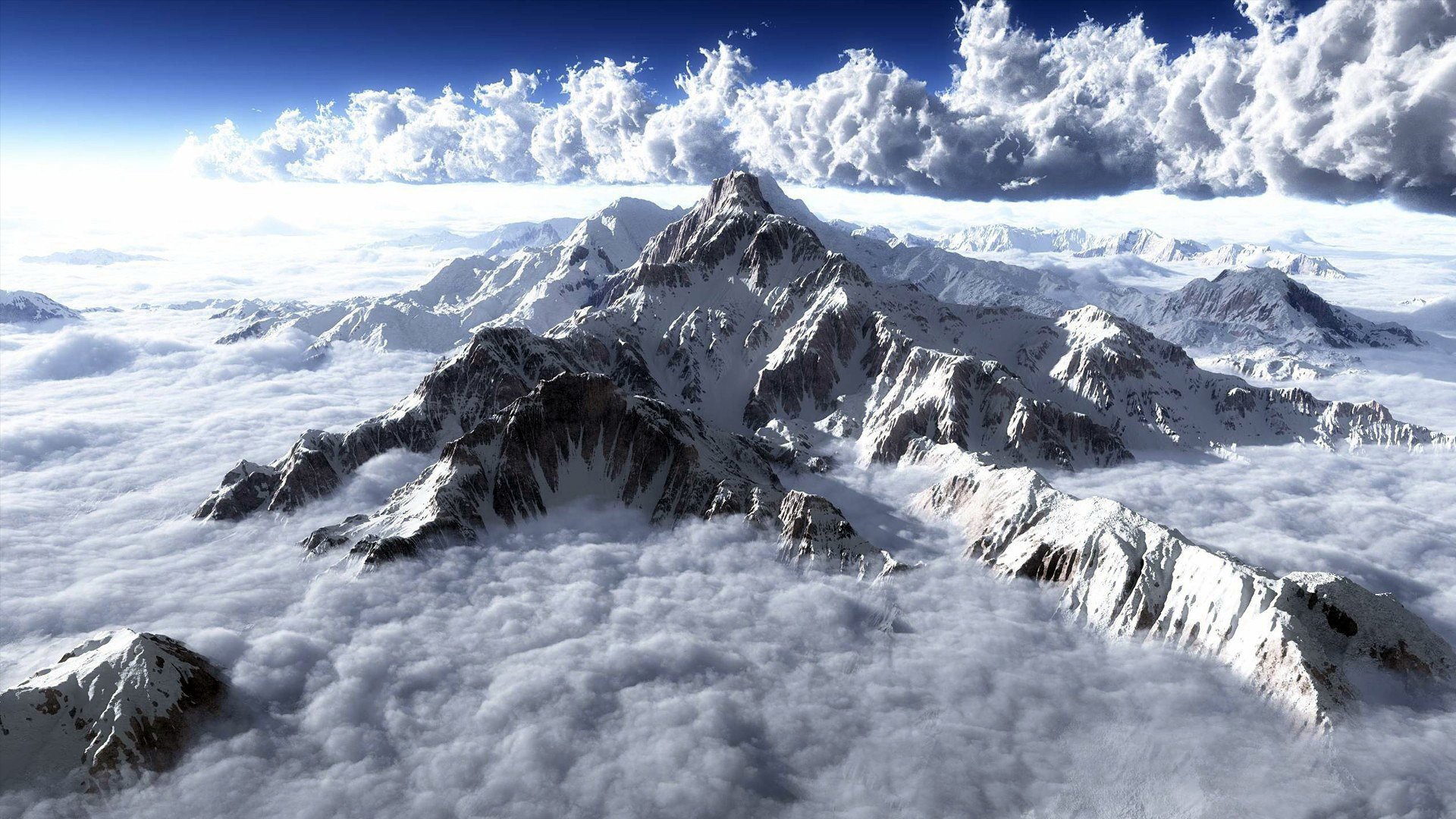 mountains rocks peaks snow frost sky clouds clouds distance