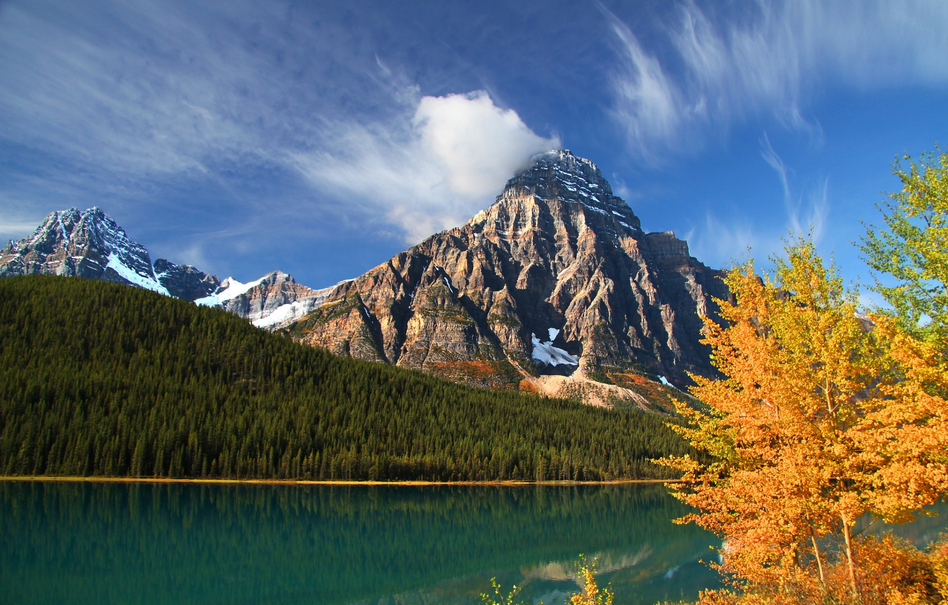 lower waterfowl lake banff national park alberta canada howes peak mount chephren banff lake mountains forest trees autumn