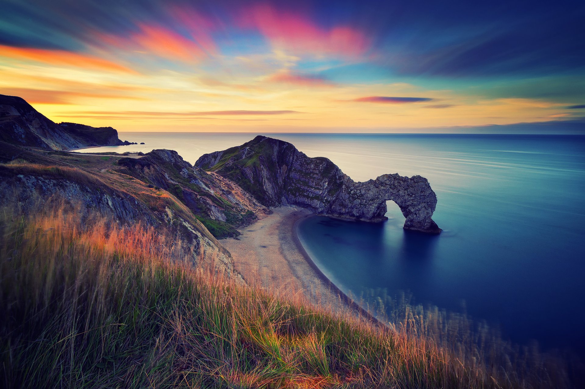 england morning sea rock arch durdle door