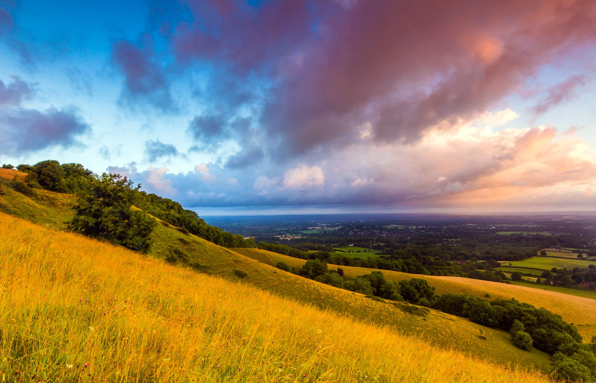 south downs plumpton inghilterra regno unito south downs mattina alba nuvole campo erba colline alberi paesaggio natura