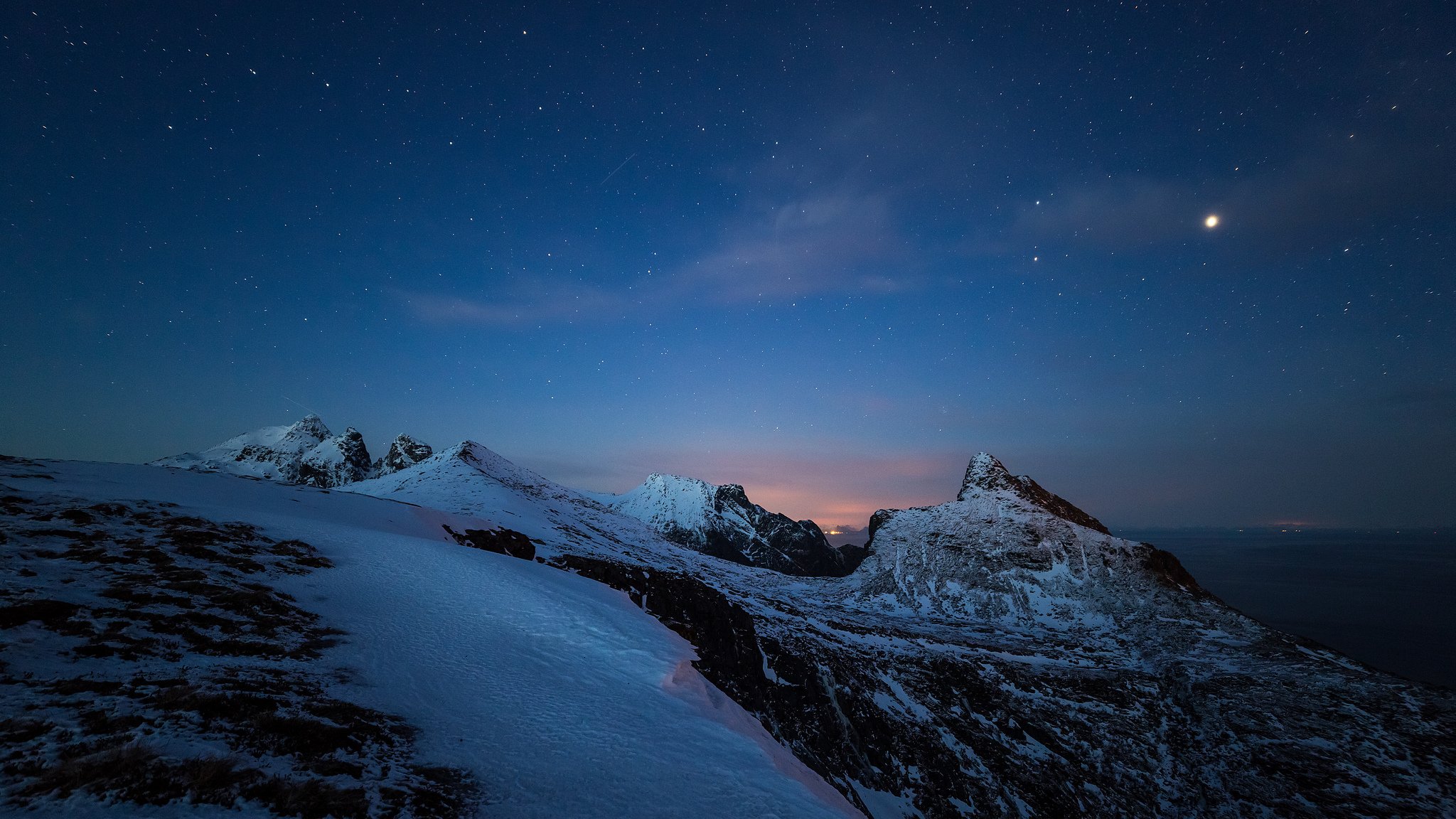 norway sea rock snow night star