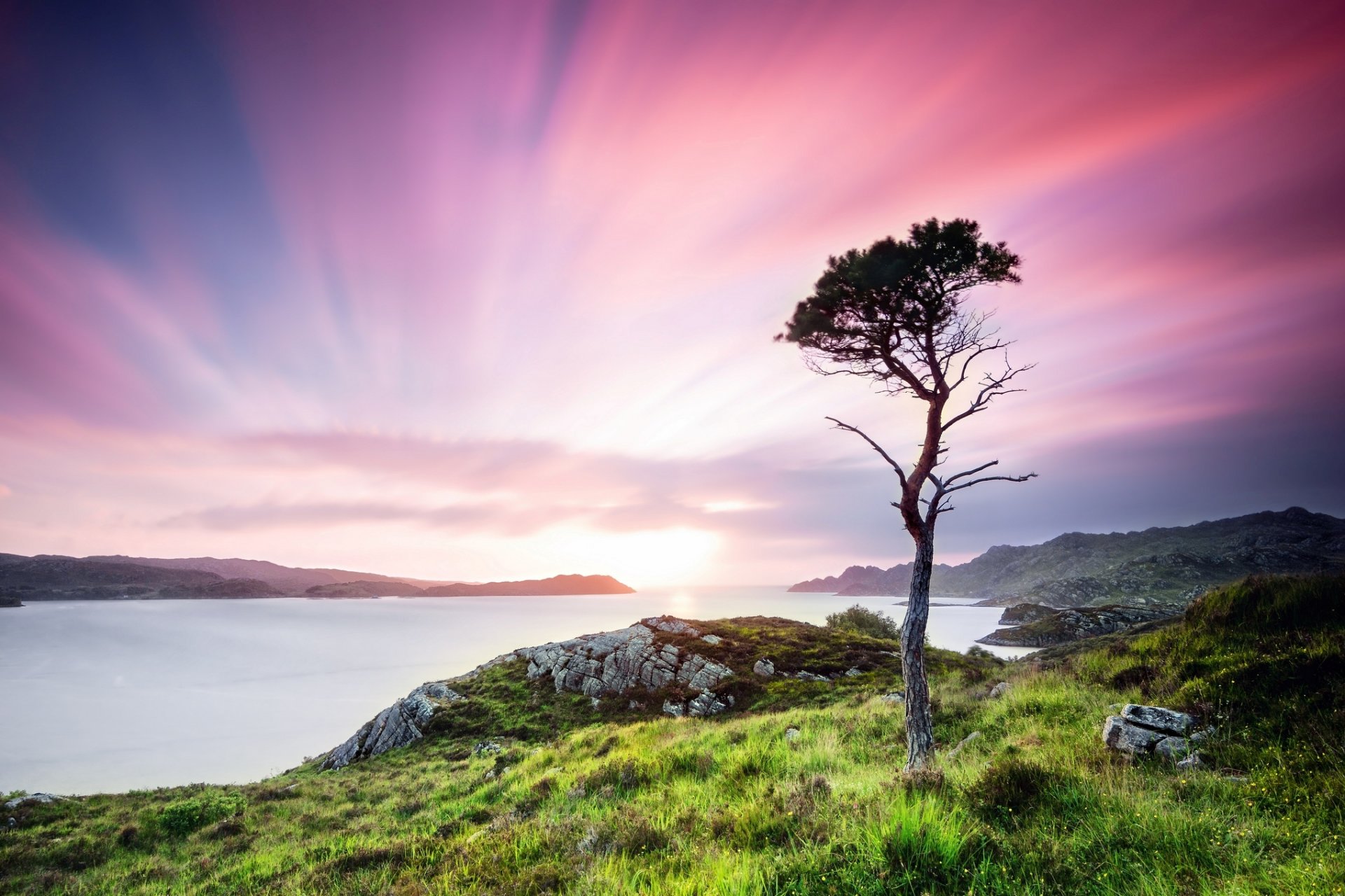 scozia regno unito tramonto crepuscolo estate natura paesaggio alberi albero verde rocce acqua erba valle