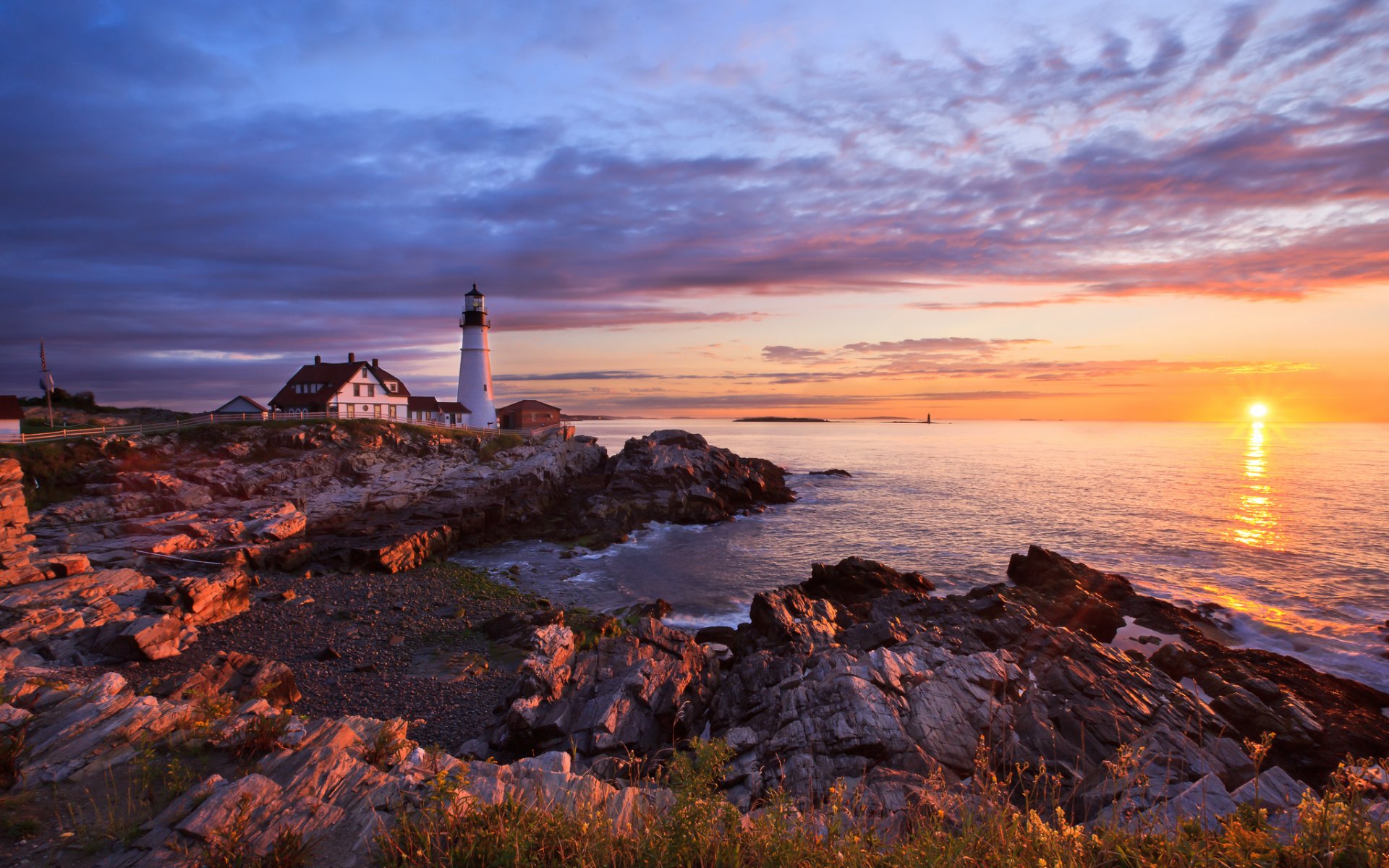 portland rock lighthouse sea sun dawn