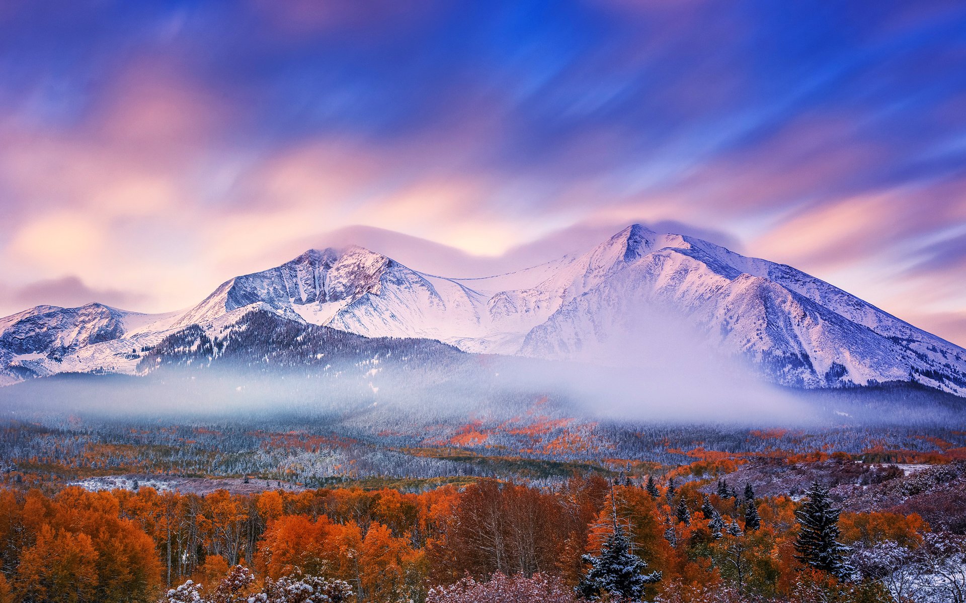 montañas mañana cielo nieve bosque otoño