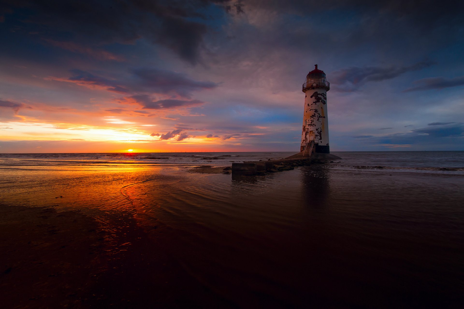 night sunset sky sun light clouds sea lighthouse