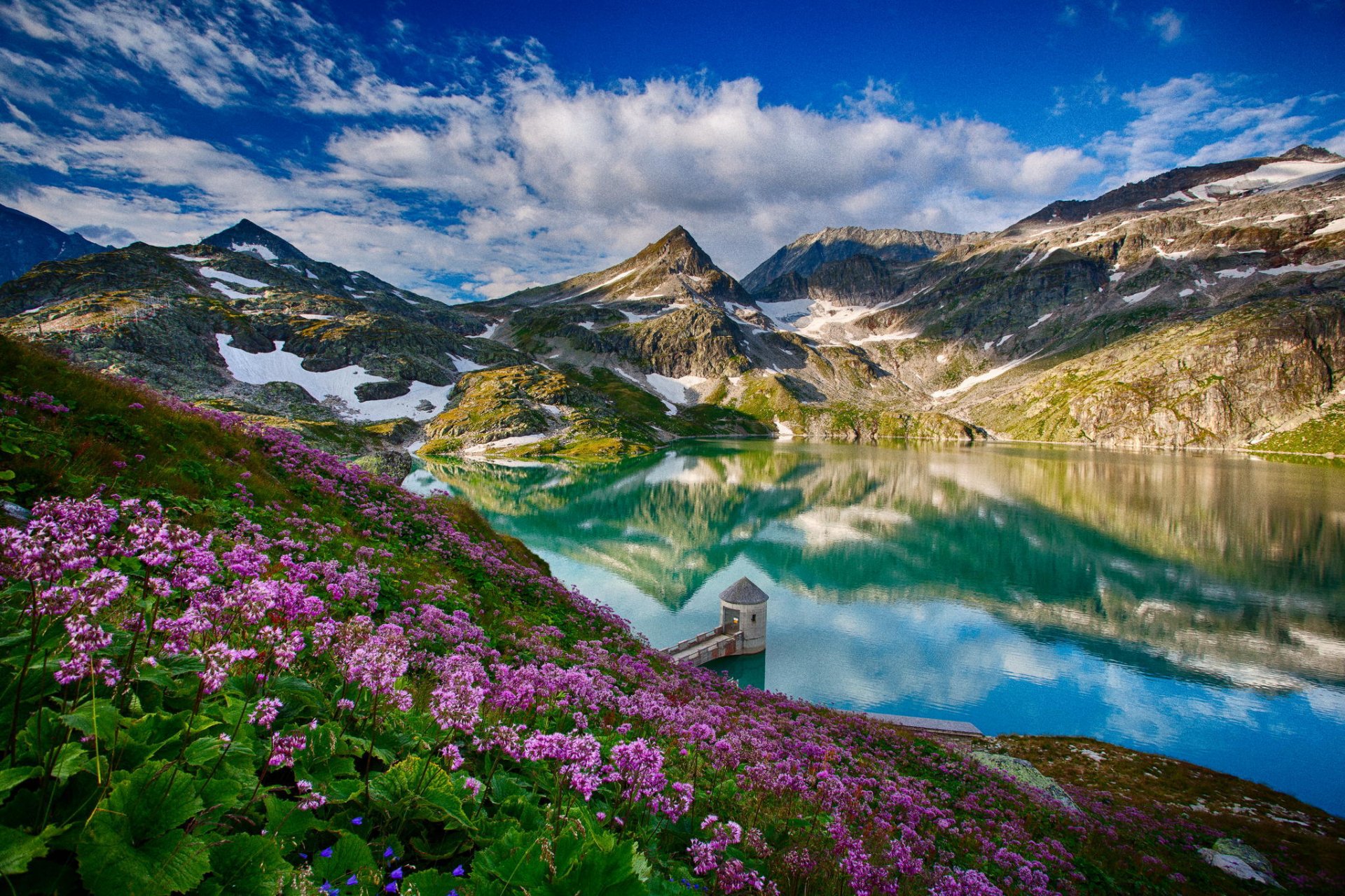 mountain lake nature reflection spring tower