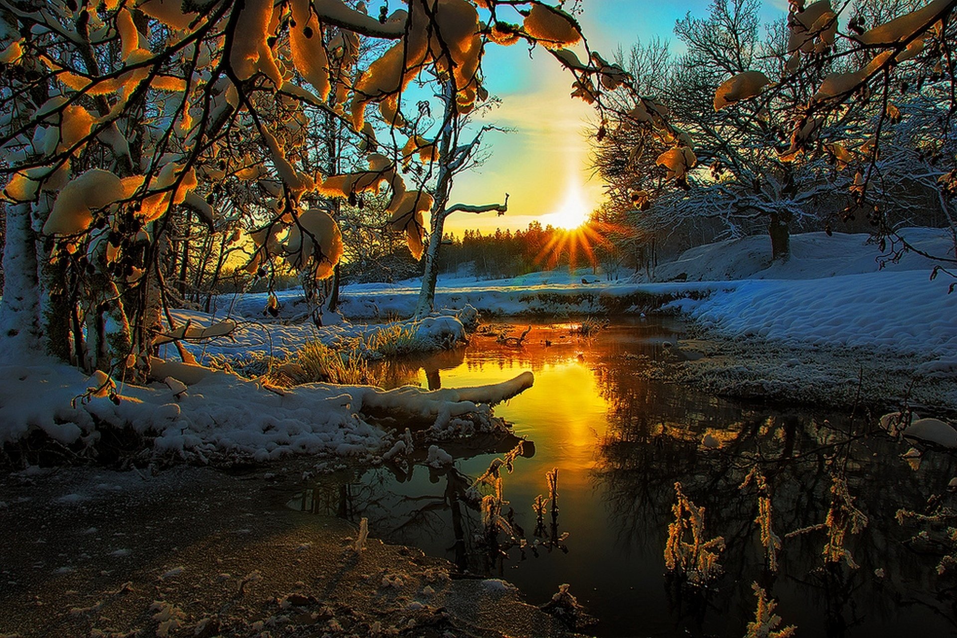 nature hdr paysage saison hiver vue couleurs neige glace nuages ciel coucher de soleil arbre arbres rivière cool nice hiver vue couleur rivière