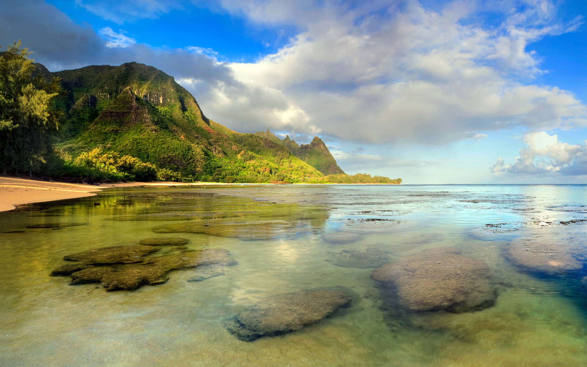 island mountain forest beach sea stones sky cloud