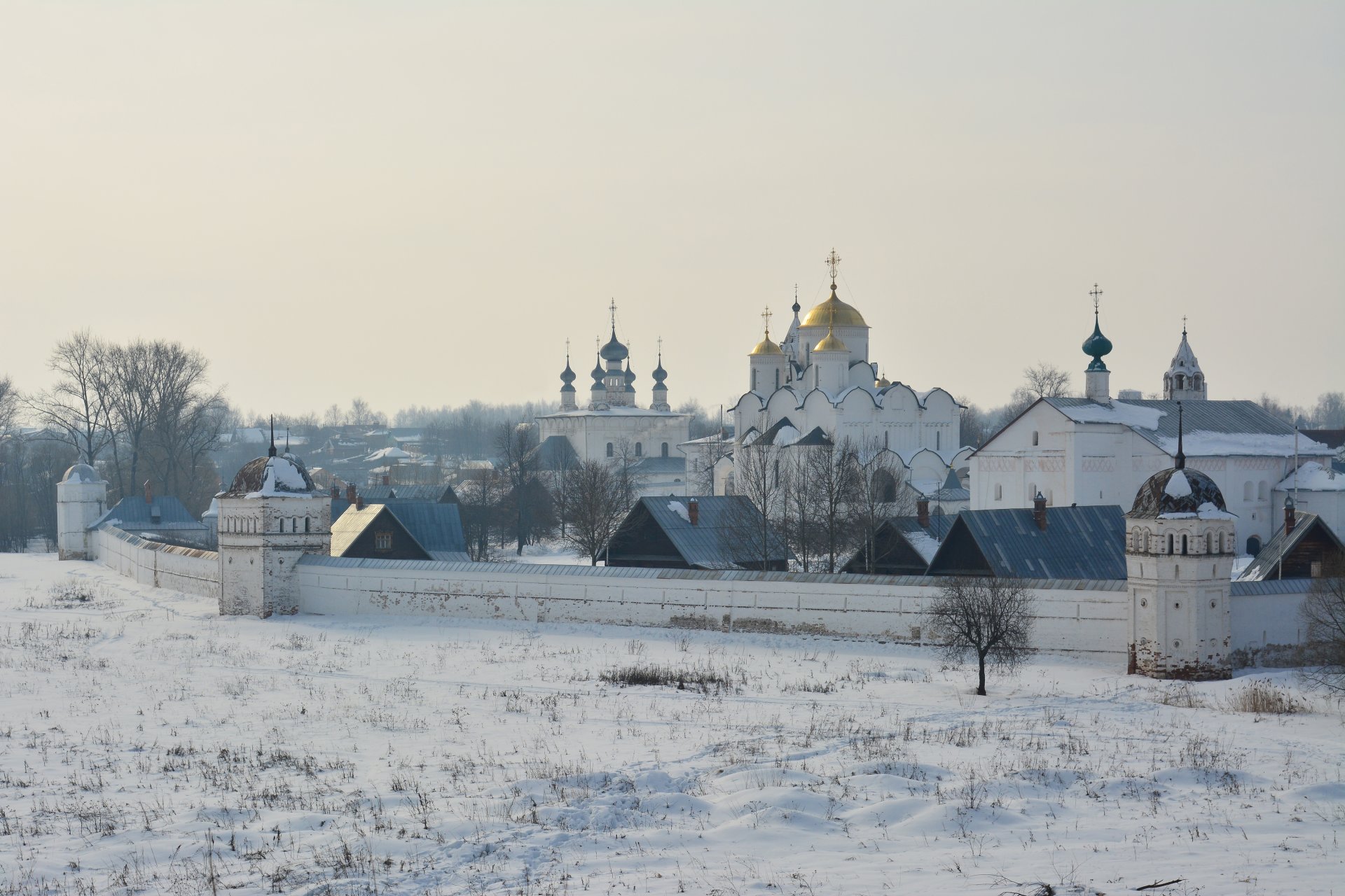 suzdal mañana monasterio iglesia templo casas pared árboles neblina invierno nieve paisaje