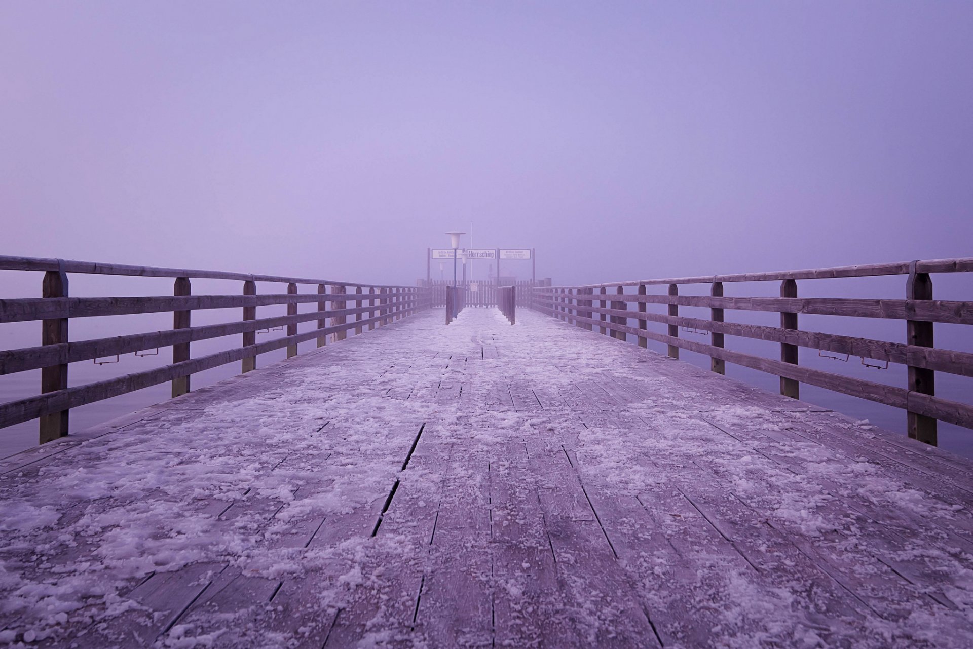 germany winter snow lake wood bridge light plate fog purple background