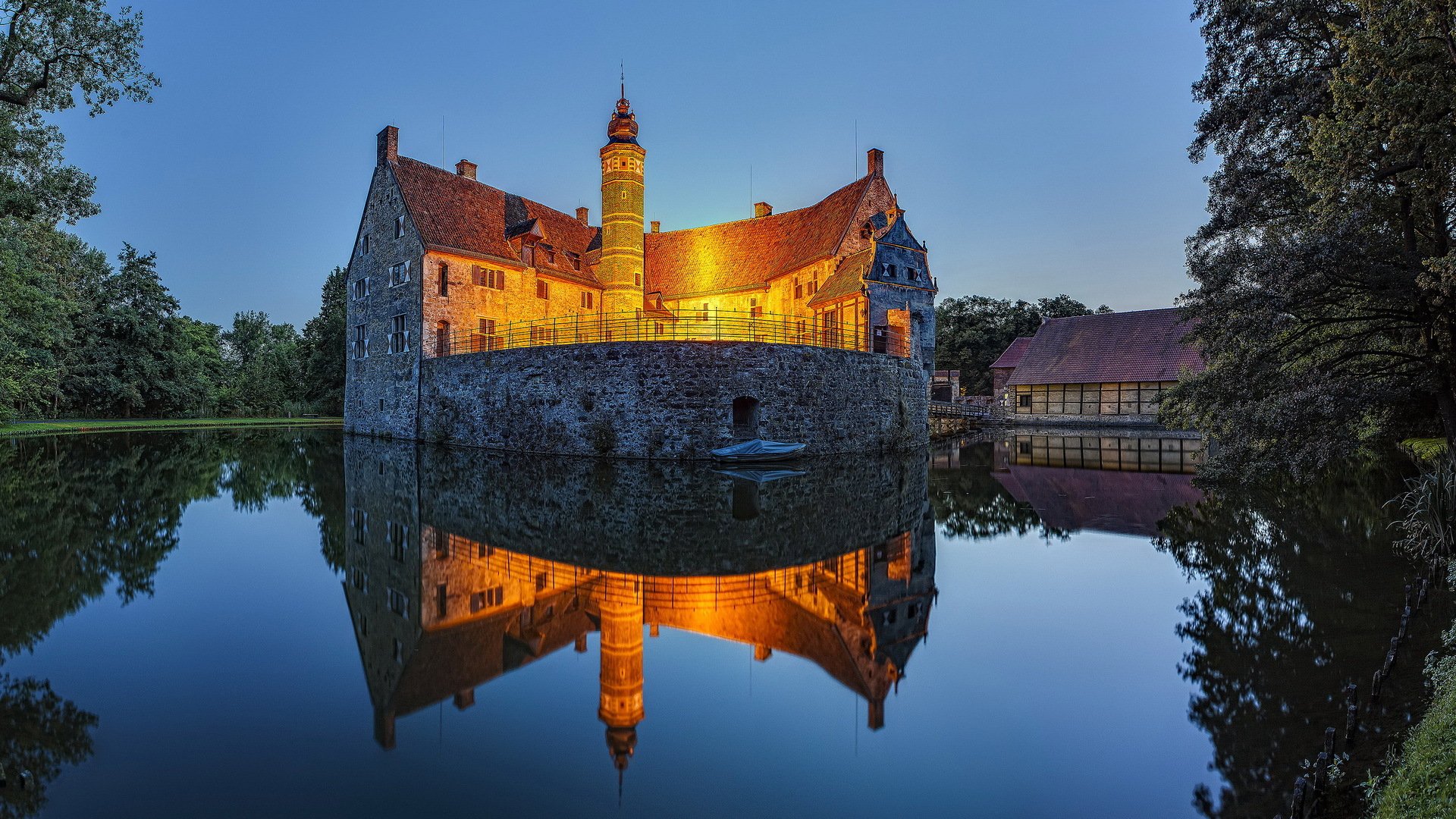 tree lake castle lighting night twilight