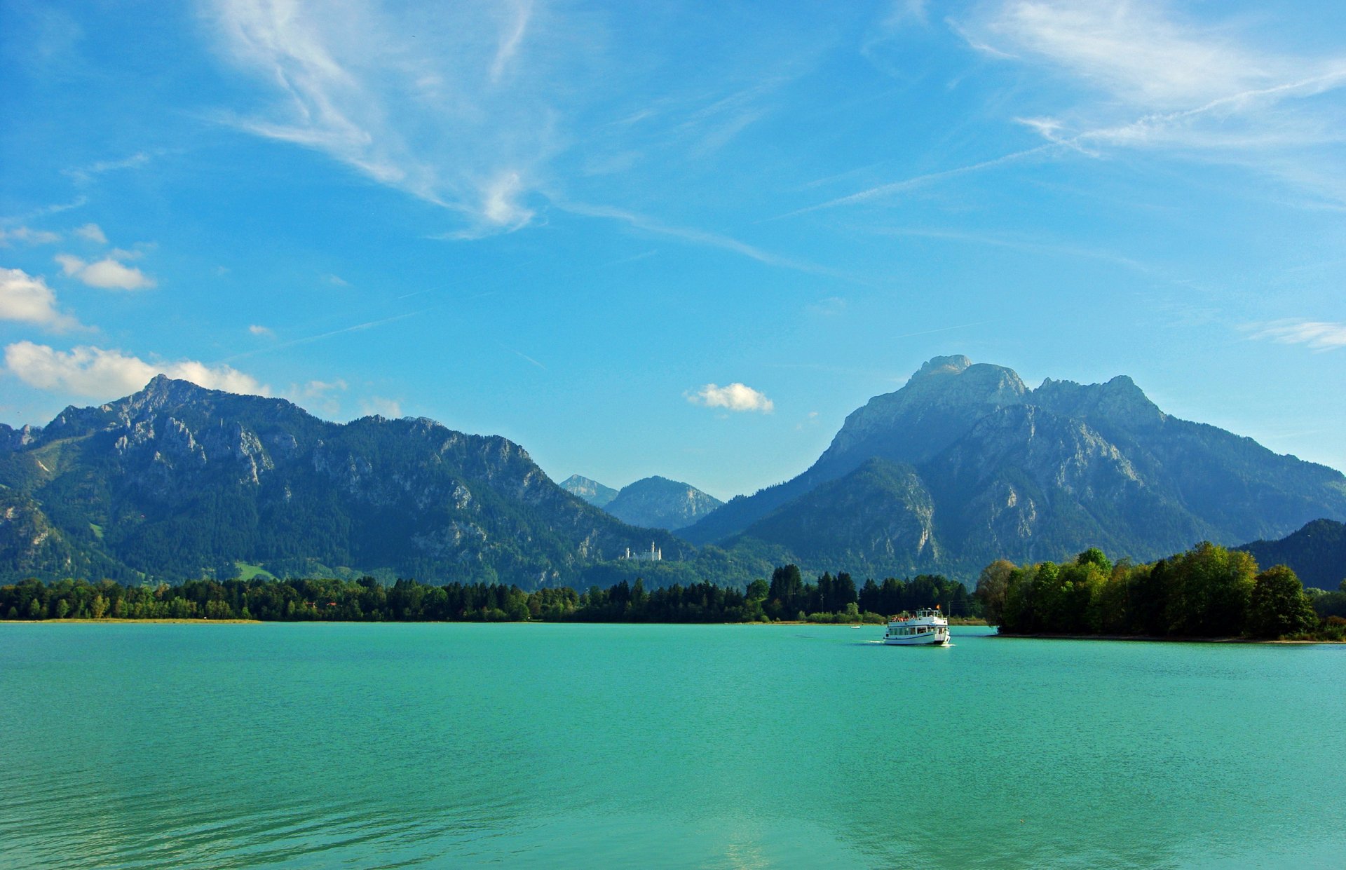 allemagne bavière rivière montagnes château arbres ferry ciel