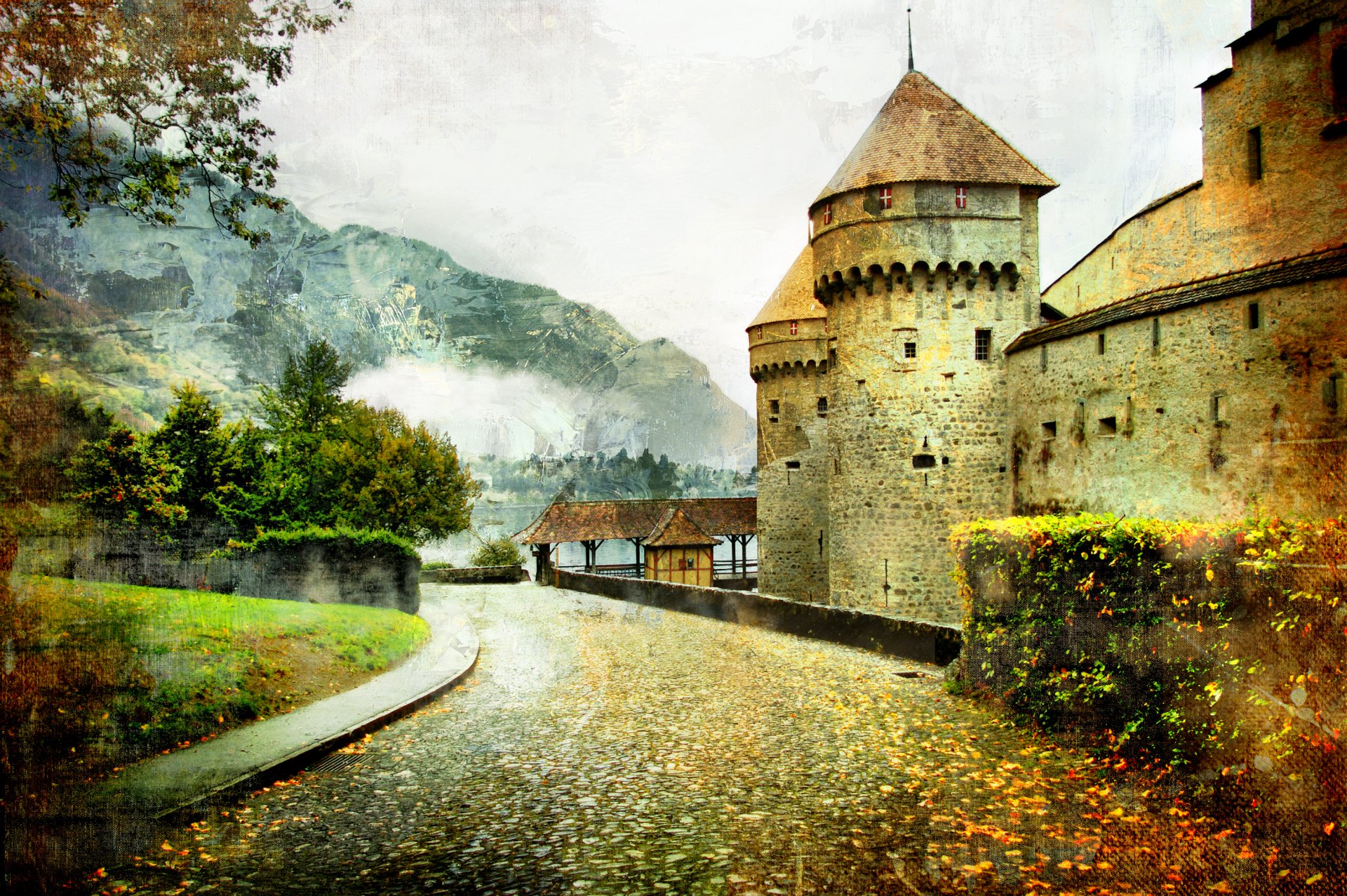 castillo de cuento de hadas paisaje camino vintage montaña