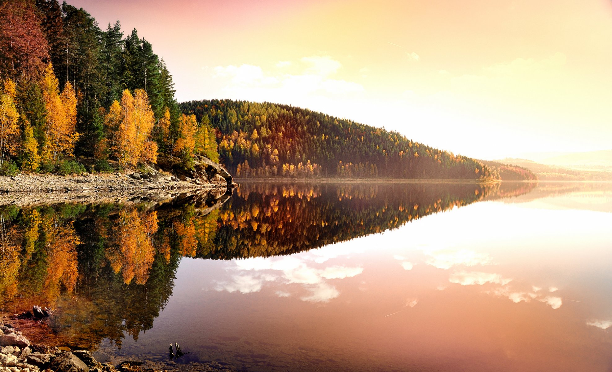 autunno natura paesaggio sera tramonto riva erzgebirgskreis monti metalliferi germania alberi foglie giallo lago acqua riflessione