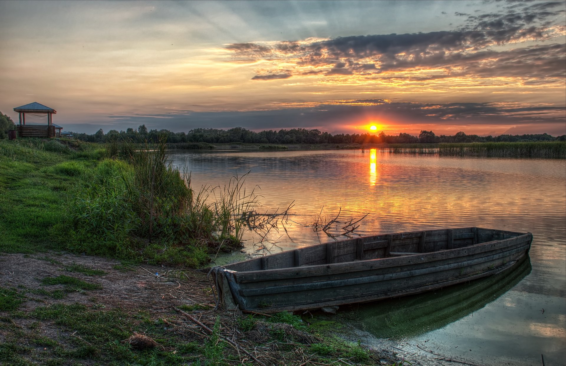 soir lac gazebo bateau le coucher du soleil