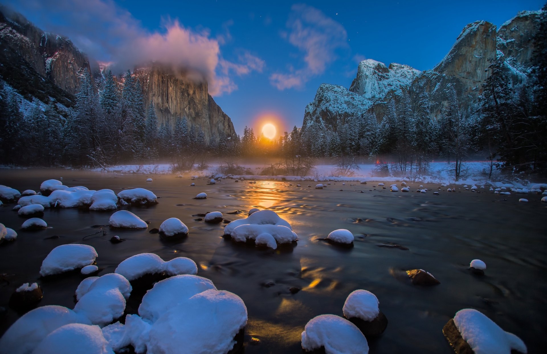 united states yosemite national park gates of the valley mountain river winter forest snow moon