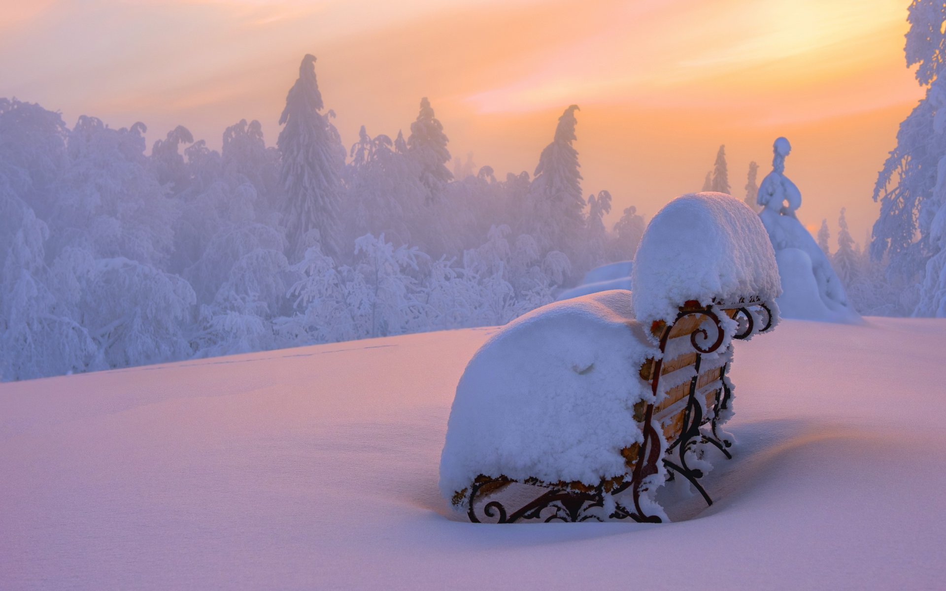 winter snow bench sunset landscape