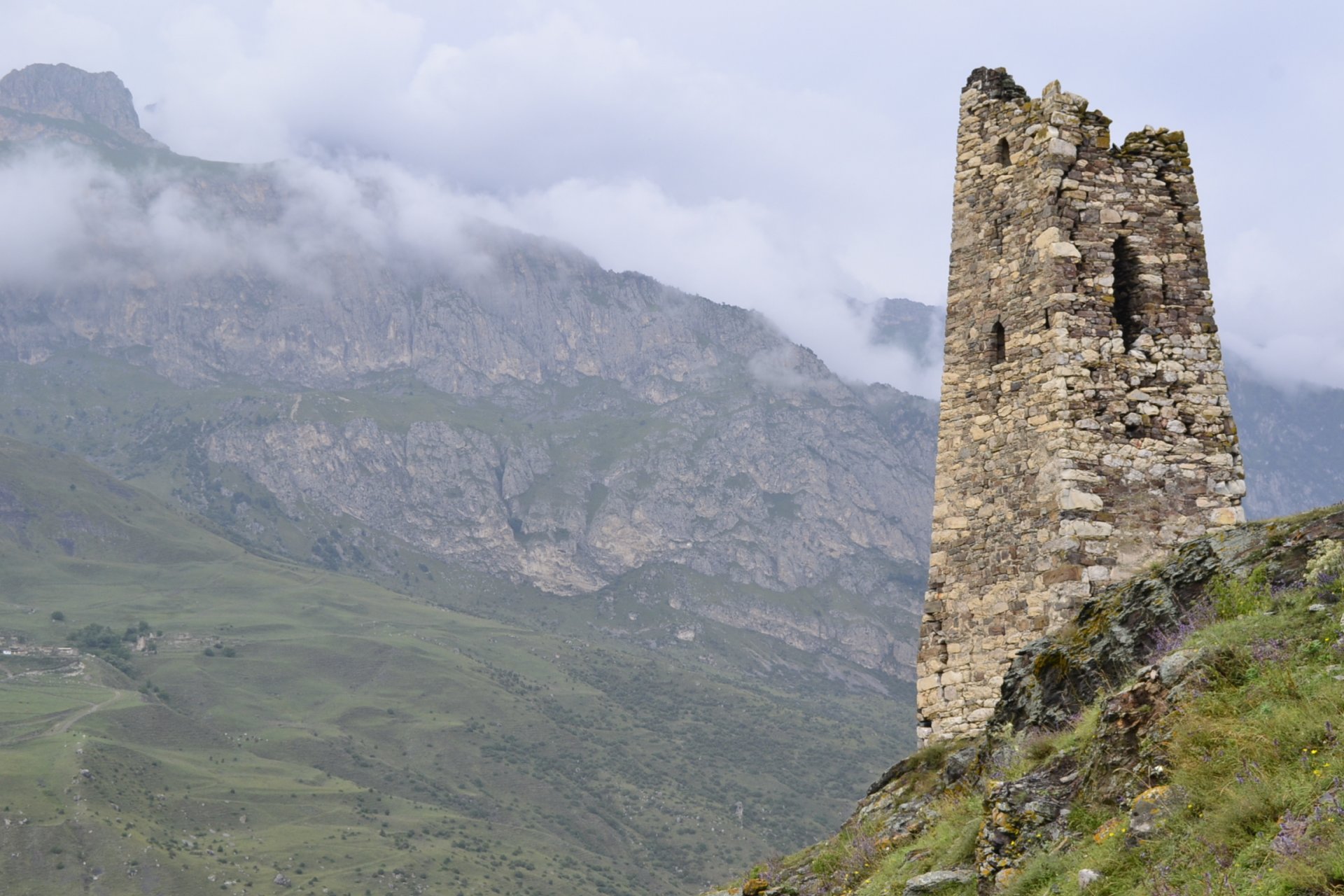 russia mountains caucasus north ossetia fiagdon landscape nature sky grass tower nothen ossetia hd