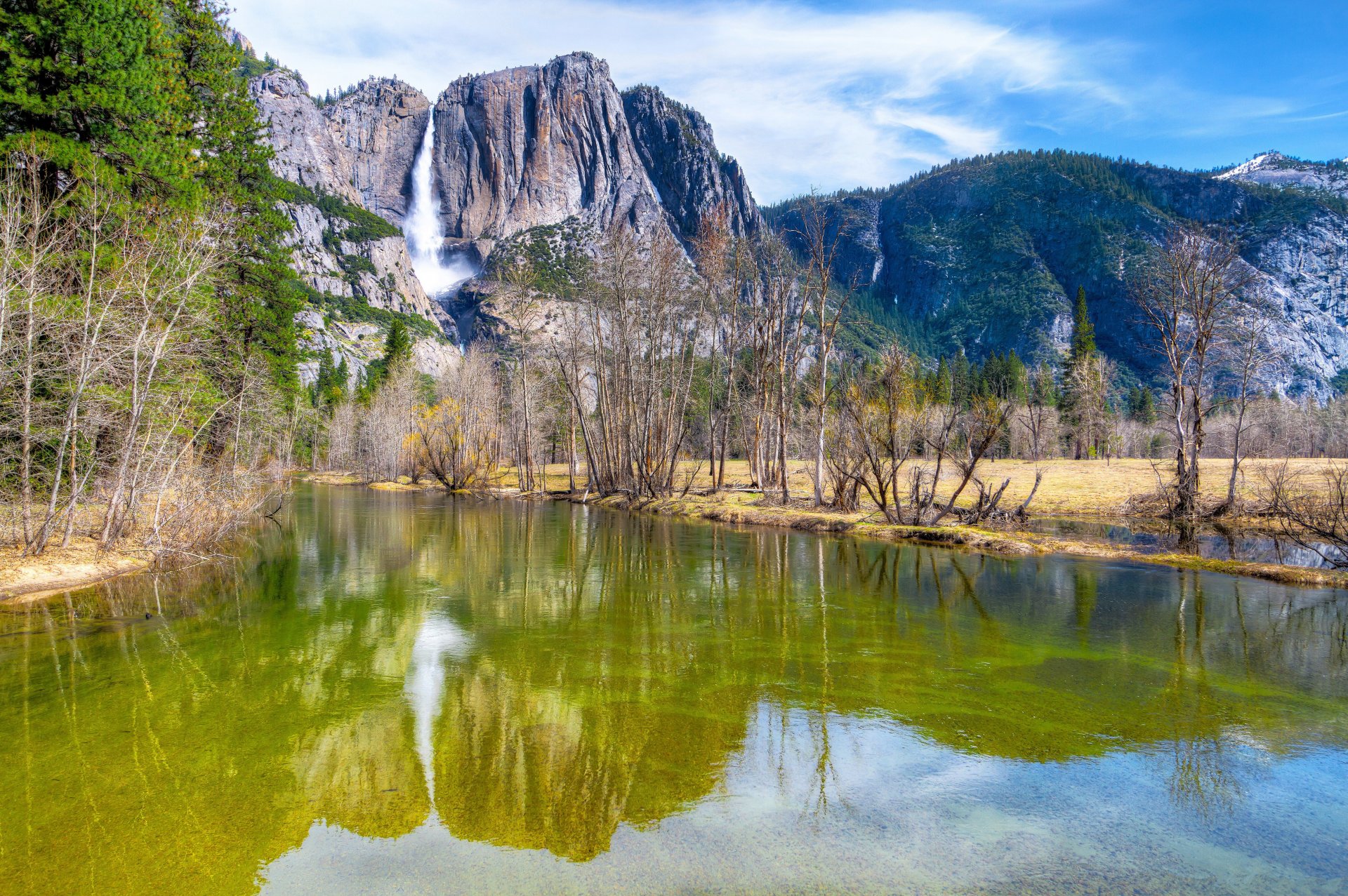 yosemite nationalpark sierra nevada fluss berge himmel wald bäume wasserfall wolken reflexion